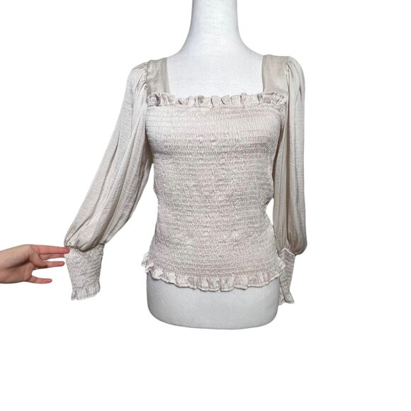 She + Sky Tops - Whimsical Fairycore Milkmaid Flowy Puff Sleeve Feminine Dainty Ivory Top Large